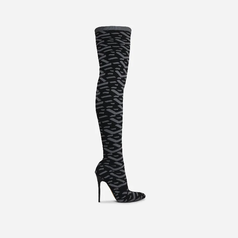 Alberta Pointed Toe Over The Knee Thigh High Long Sock Boot In Black Printed Knit