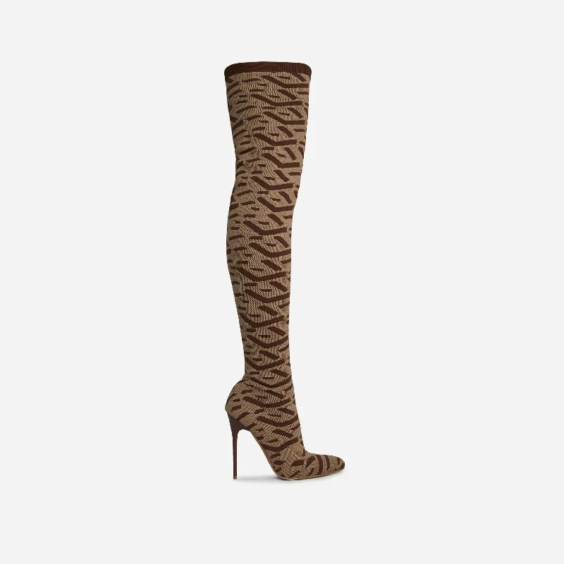 Alberta Pointed Toe Over The Knee Thigh High Long Sock Boot In Nude Printed Knit