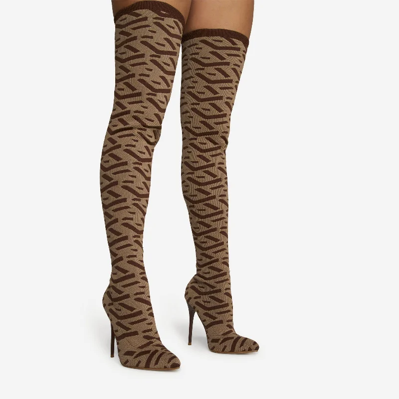 Alberta Pointed Toe Over The Knee Thigh High Long Sock Boot In Nude Printed Knit