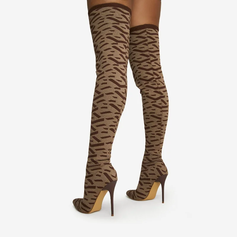 Alberta Pointed Toe Over The Knee Thigh High Long Sock Boot In Nude Printed Knit