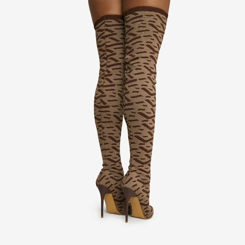 Alberta Pointed Toe Over The Knee Thigh High Long Sock Boot In Nude Printed Knit