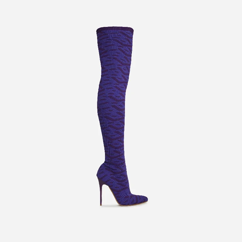 Alberta Pointed Toe Over The Knee Thigh High Long Sock Boot In Purple Printed Knit