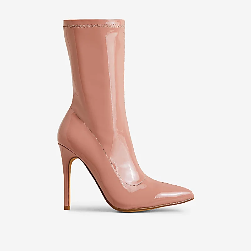 Etta Pointed Toe Stiletto Heel Ankle Sock Boot In Nude Patent