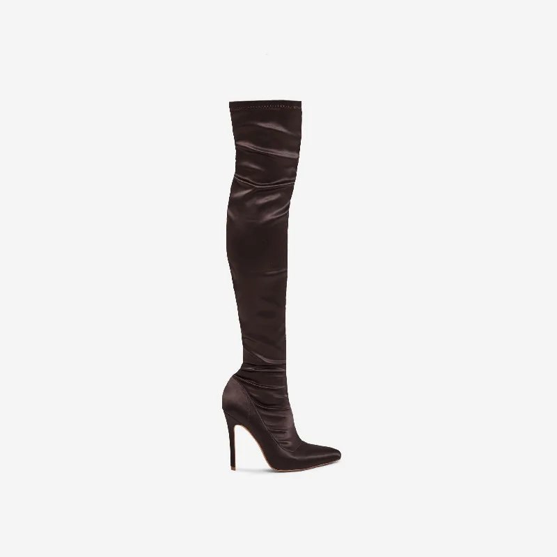 Hoola Pointed Toe Over The Knee Thigh High Long Sock Boot In Brown Satin