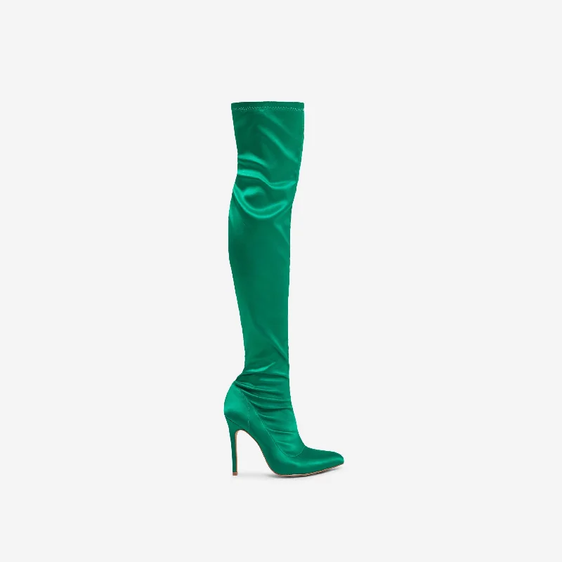 Hoola Pointed Toe Over The Knee Thigh High Long Sock Boot In Dark Green Satin