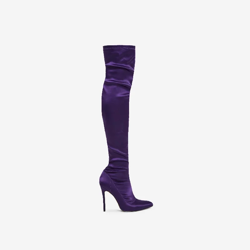 Hoola Pointed Toe Over The Knee Thigh High Long Sock Boot In Purple Satin