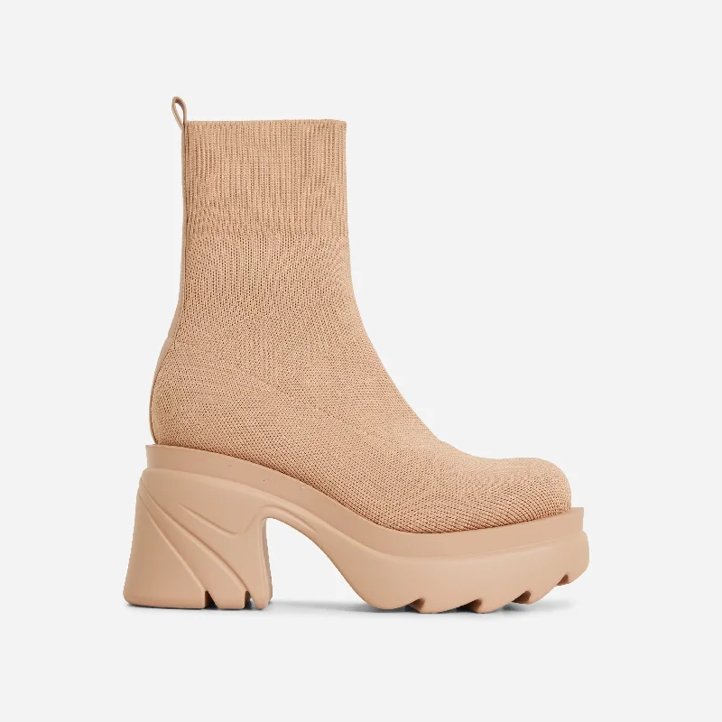 Kinsley Chunky Sole Platform Block Heel Ankle Sock Boot In Nude Knit