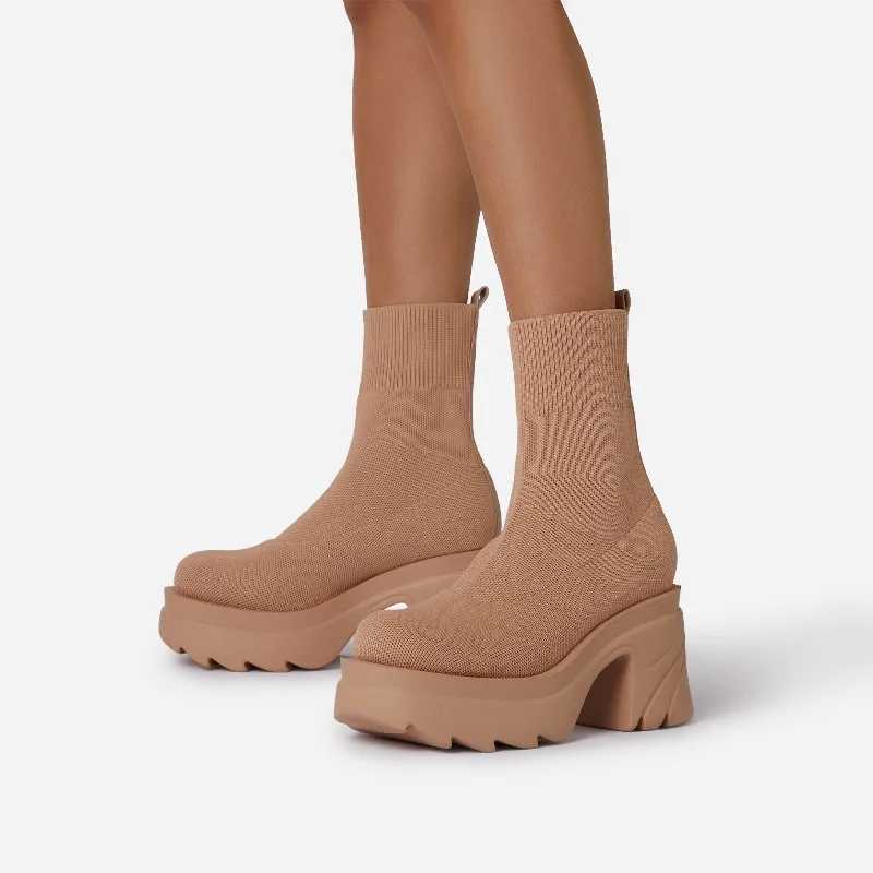 Kinsley Chunky Sole Platform Block Heel Ankle Sock Boot In Nude Knit