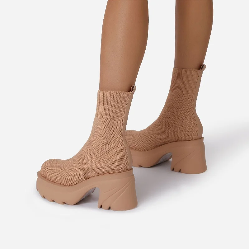 Kinsley Chunky Sole Platform Block Heel Ankle Sock Boot In Nude Knit