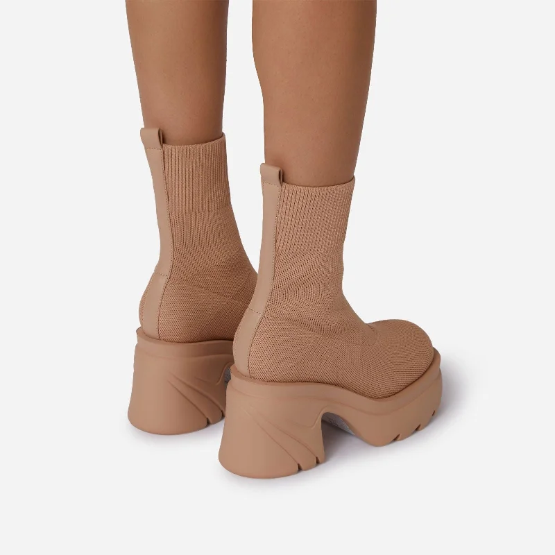 Kinsley Chunky Sole Platform Block Heel Ankle Sock Boot In Nude Knit