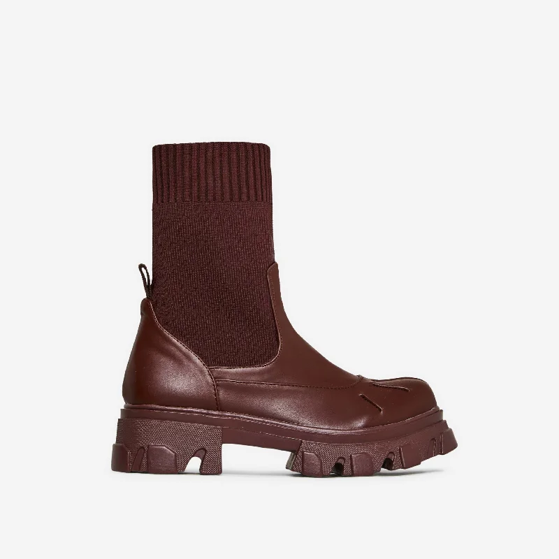 Neptune Chunky Sole Ankle Sock Biker Boot In Brown Faux Leather