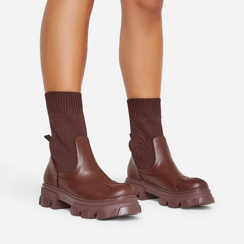 Neptune Chunky Sole Ankle Sock Biker Boot In Brown Faux Leather