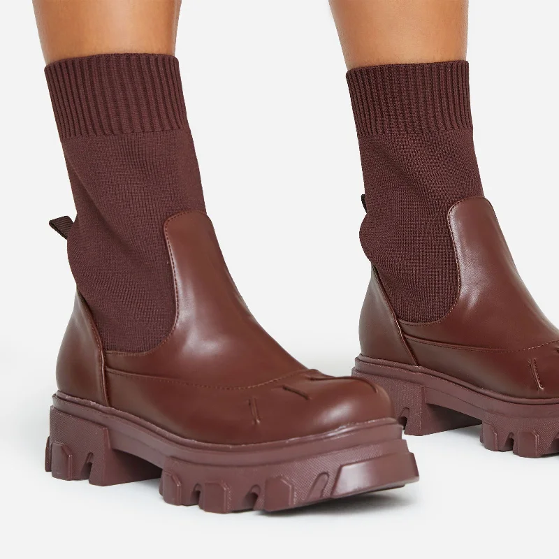 Neptune Chunky Sole Ankle Sock Biker Boot In Brown Faux Leather