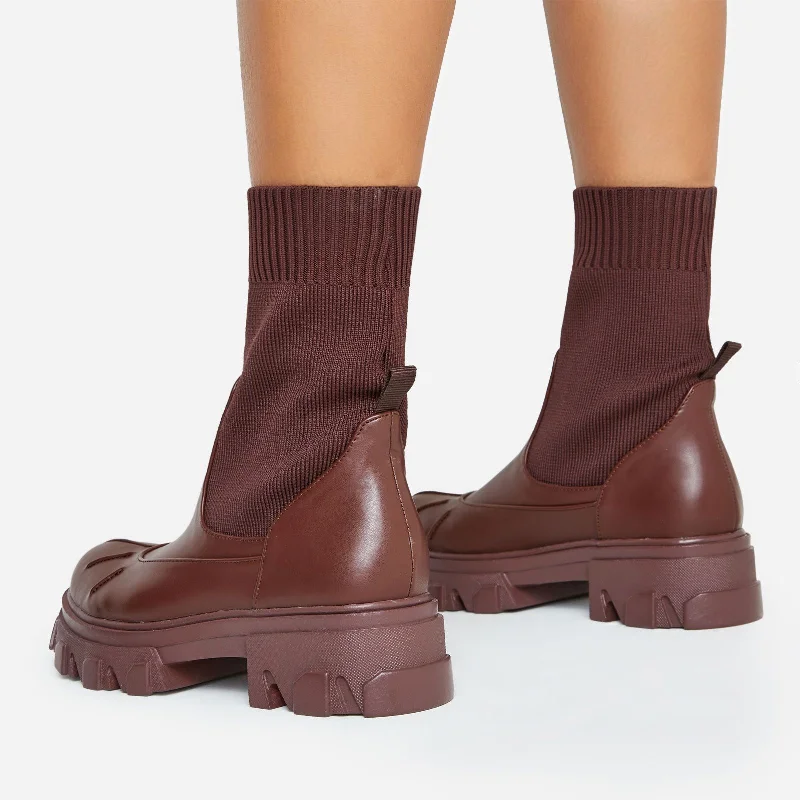 Neptune Chunky Sole Ankle Sock Biker Boot In Brown Faux Leather