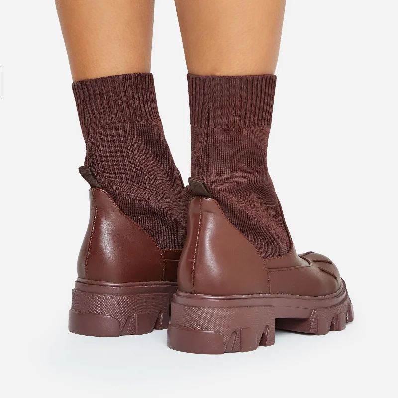 Neptune Chunky Sole Ankle Sock Biker Boot In Brown Faux Leather