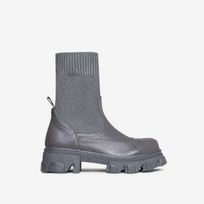 Neptune Chunky Sole Ankle Sock Biker Boot In Grey Faux Leather