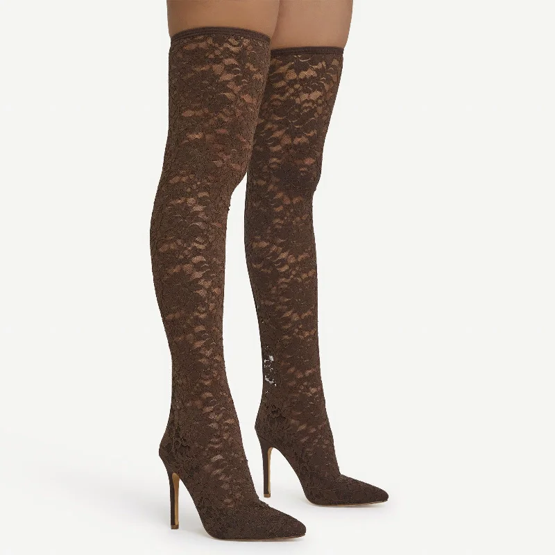 Oly Pointed Toe Over The Knee Thigh High Long Heel Sock Boot In Dark Brown Floral Print Lace