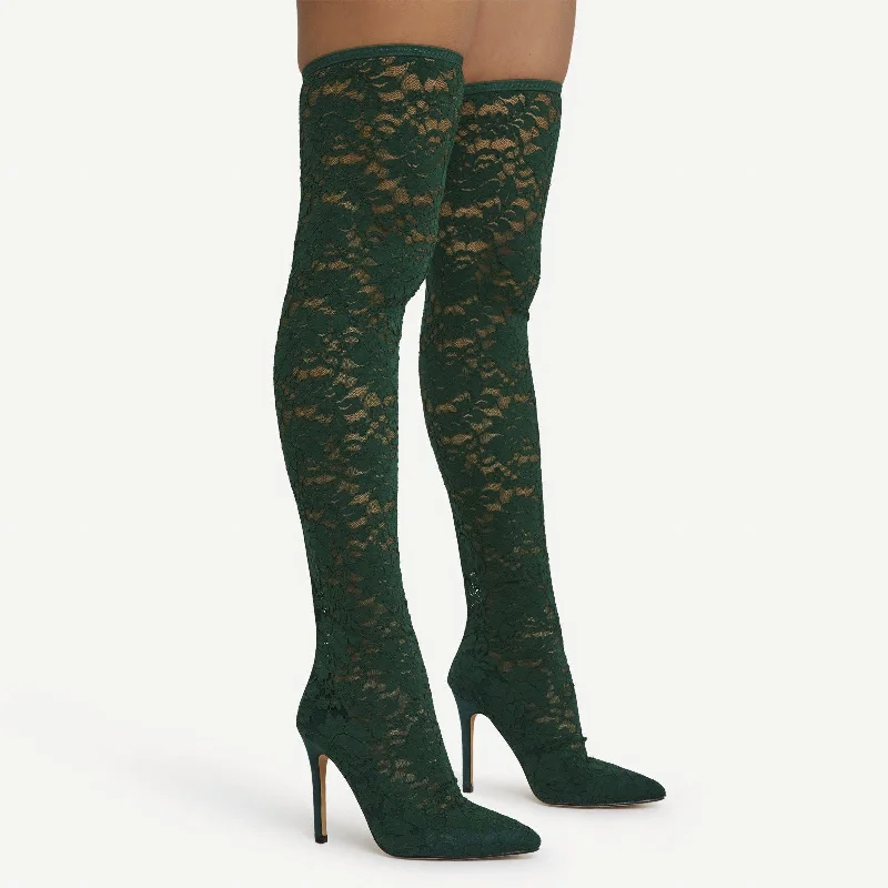 Oly Pointed Toe Over The Knee Thigh High Long Heel Sock Boot In Dark Green Floral Print Lace