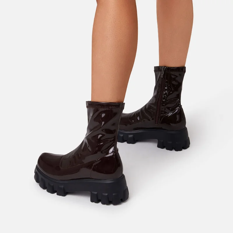 Paloma Chunky Sole Ankle Sock Biker Boot In Dark Brown Patent