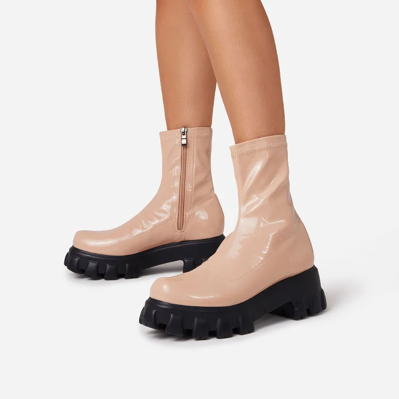 Paloma Chunky Sole Ankle Sock Biker Boot In Nude Patent