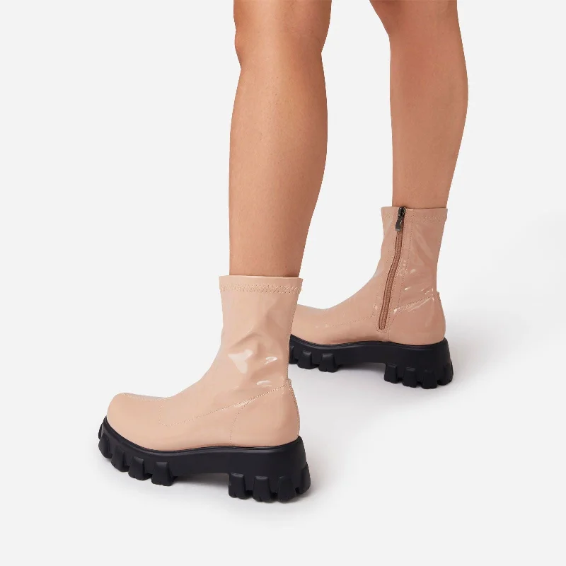 Paloma Chunky Sole Ankle Sock Biker Boot In Nude Patent