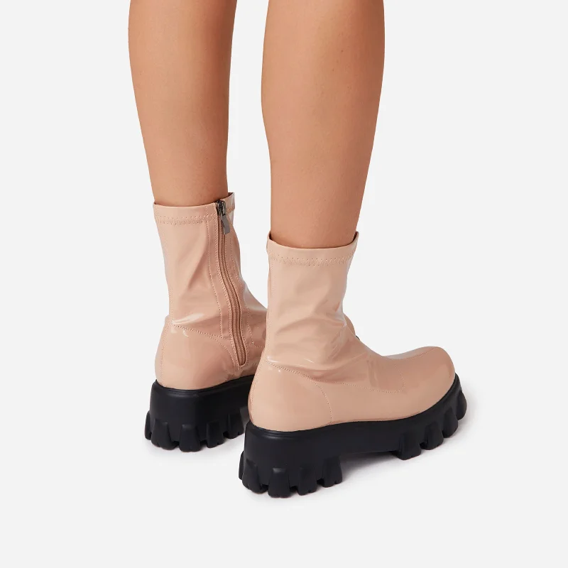 Paloma Chunky Sole Ankle Sock Biker Boot In Nude Patent