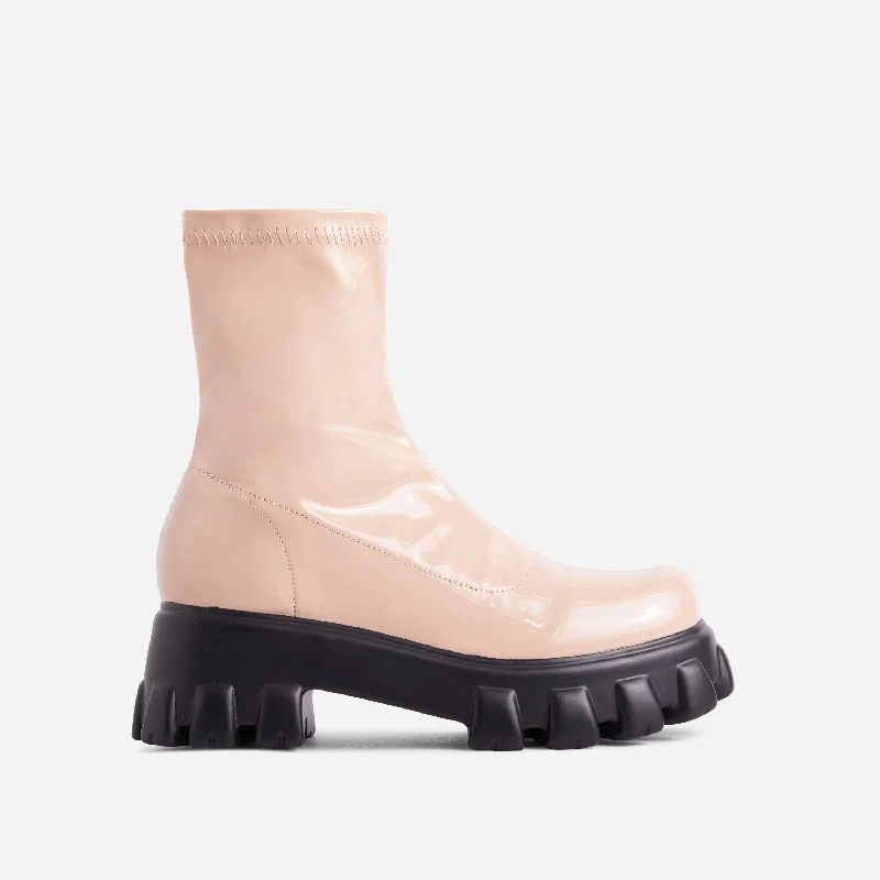 Paloma Chunky Sole Ankle Sock Biker Boot In Nude Patent