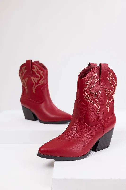 Burgundy Western Stitching Detail Ankle Booties