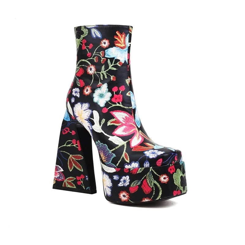 Boots for Women Colorful Flower Pattern Super High Cutout Chunky Heel Women's Ankle Boots Square Toe Platform Side Zip Printed Short Boots