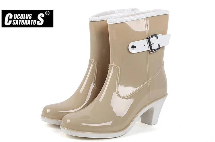 Rain Boots Buckle Ladies Rain Boots High Heel Waterproof Ankle Rubber