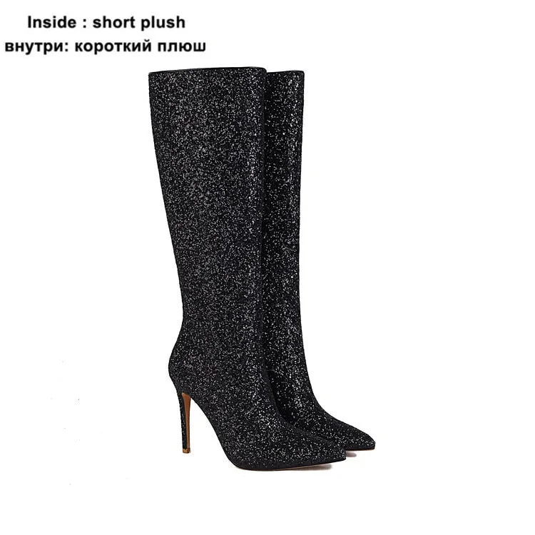 Women Boots Sexy Stiletto Heels Silver Red Glitter Boots Women Thin High Heeled Bling Bling Gold Sequined Knee-high Long Boot Party