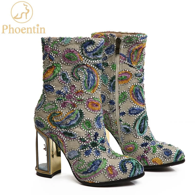 Boots for Women ethnic print flower mixed color crystal bird cage heel high quality short boots