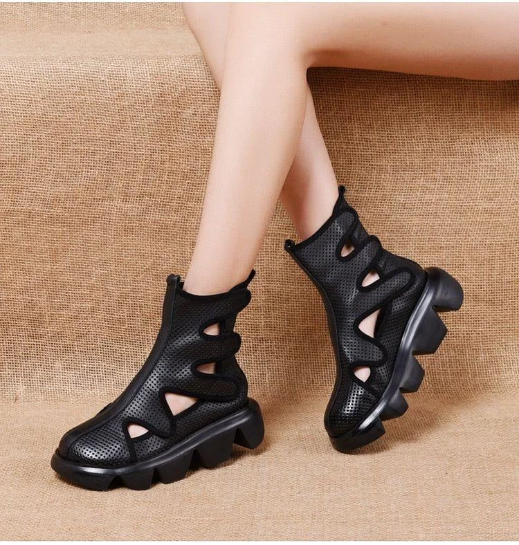 Casual Shoes For Women Ankle Boots Handmade Genuine Leather Hollow out Sandals Wedge Soft Bottom Boots