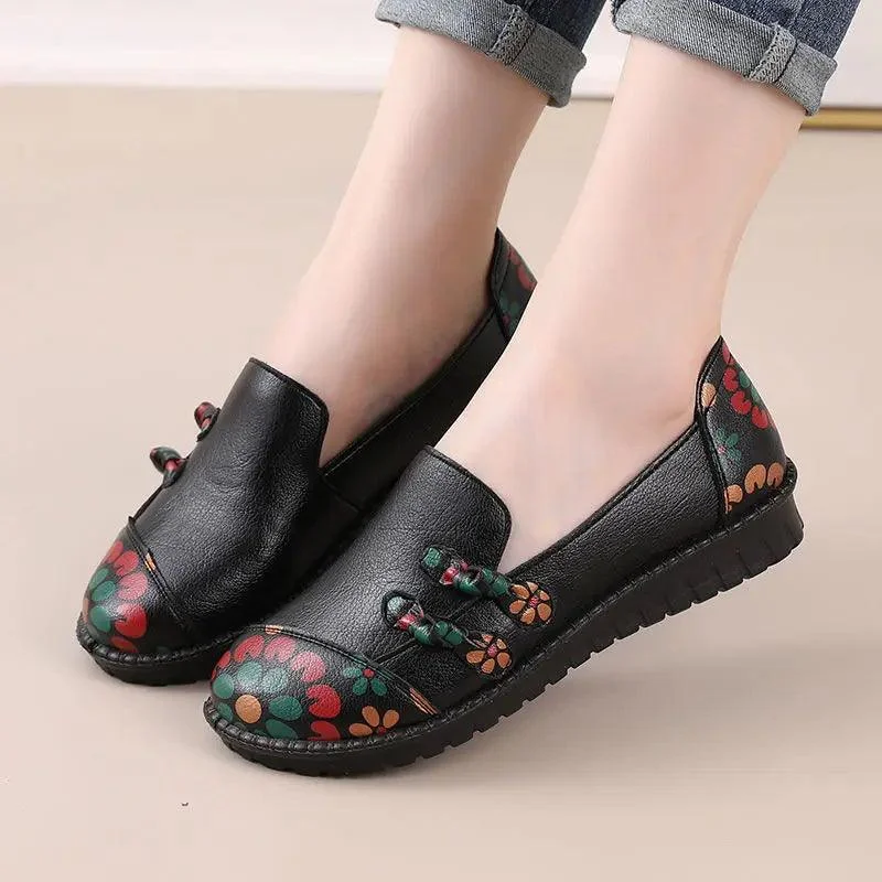 Flower Flat Women's Casual Shoes GCSK51Leather Loafers Chinese Style