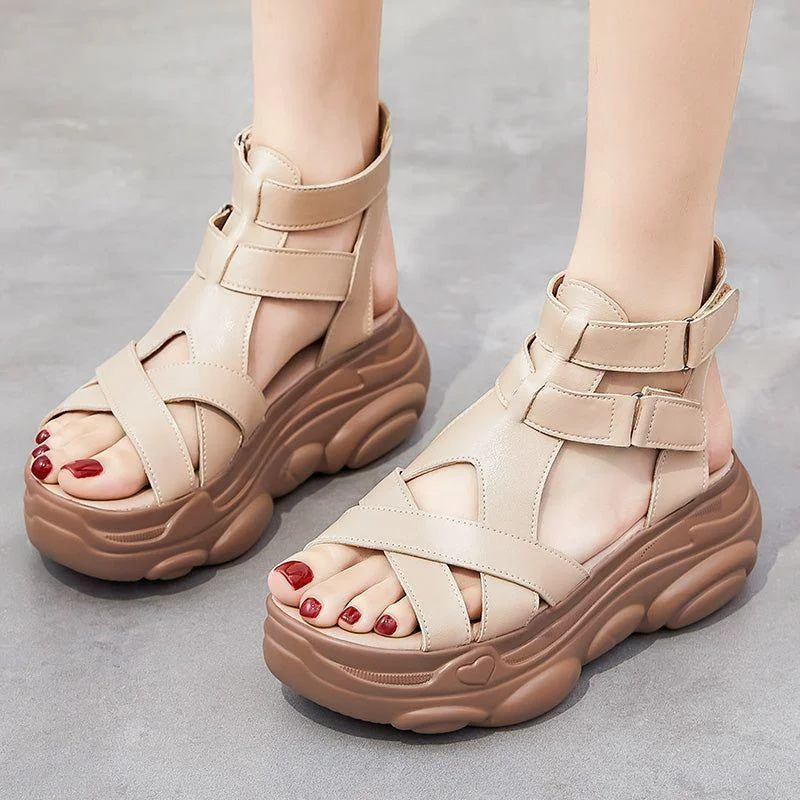 Women's Casual Shoes - Leather Wedges Roman Sandals GRCL0221