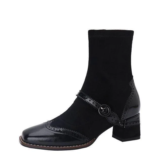 Leather Thick Heel Ankle Boots Fashion Flock Women's Casual Shoes GCSJS40