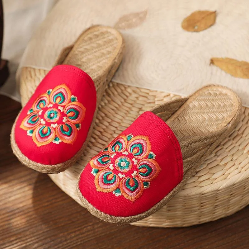 Red Embroidered Cotton Linen Fabric Slippers Shoes