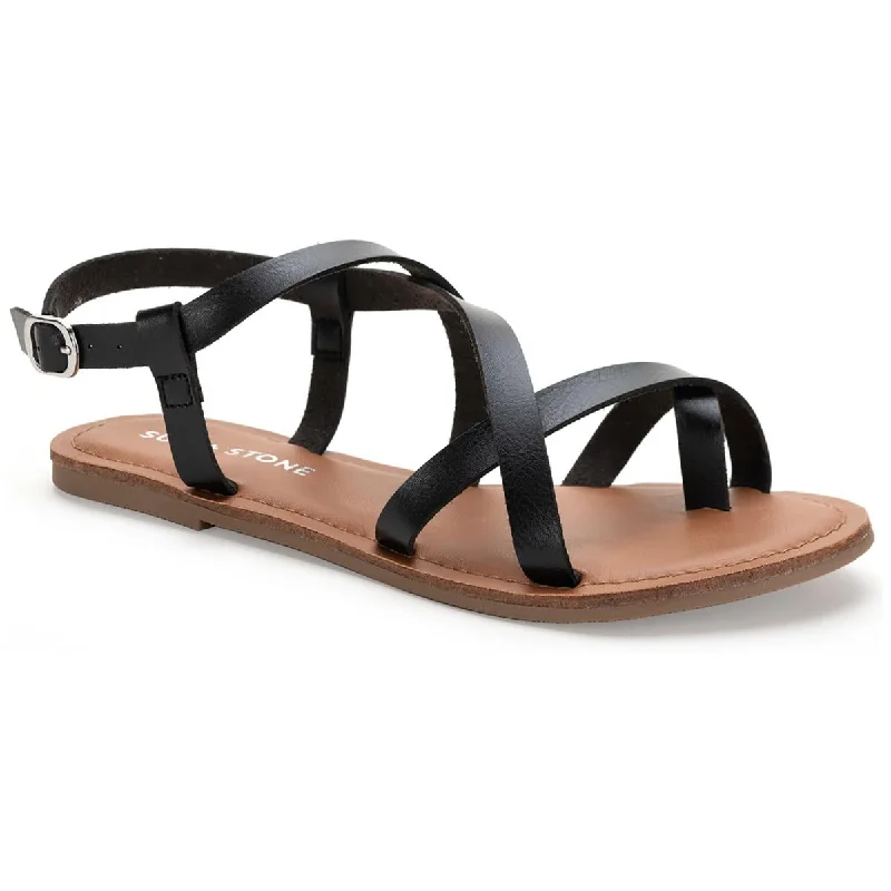 Sun + Stone Womens Roxxie Faux Leather Ankle Strap Flats