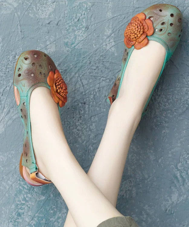 Vintage Green Cowhide Leather Hollow Out Flower Sandals