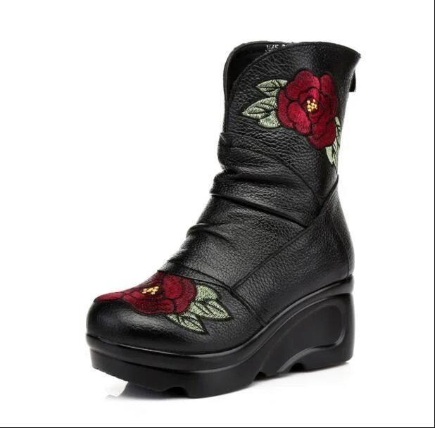 Women's Casual Shoes Embroidered Fashion Genuine Leather Boots Handmade Vintage Boots Wedges