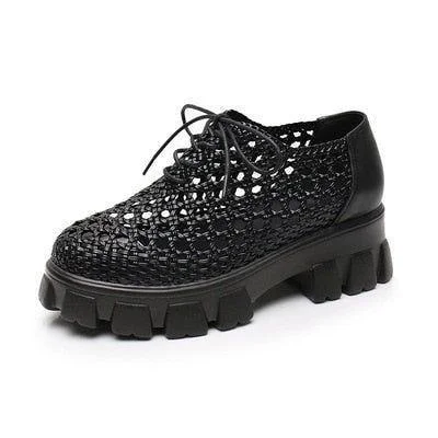 Women's Casual Shoes Genuine Leather Hollow Breathable Flat Woven Hole Handmade Shoes