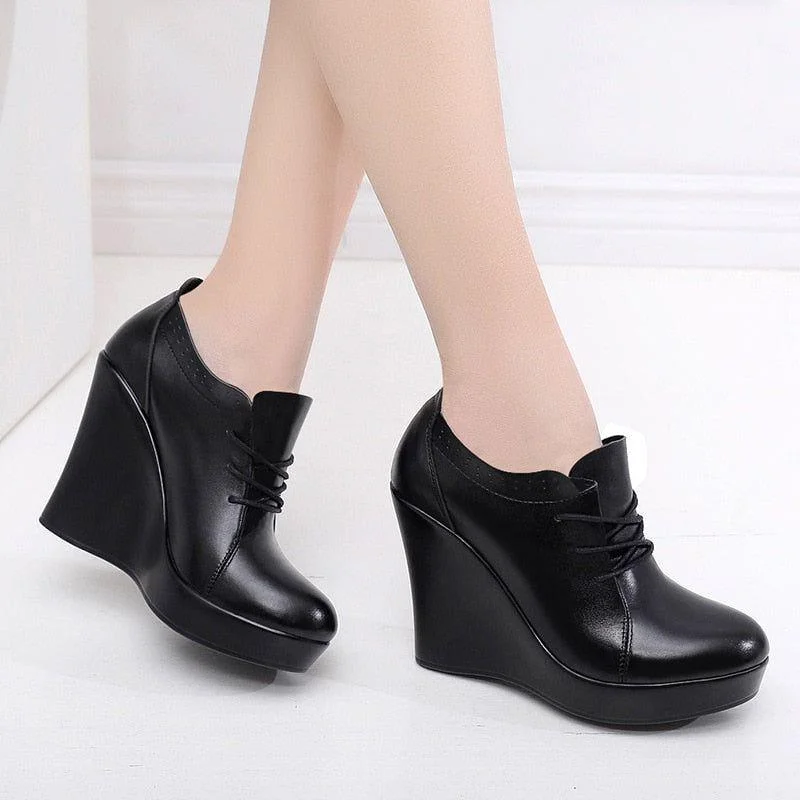 Women's Casual Shoes Lace Up Wedges Black Pumps High Heels