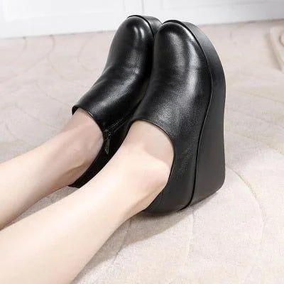 Women's Casual Shoes Leather Slip-On High Heels Round Toe