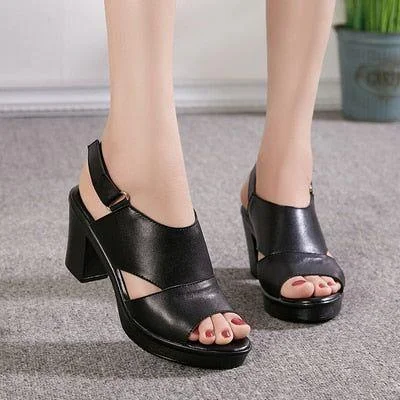 GY416 Women's Casual Shoes: Leather Sandals with Thick High Heels