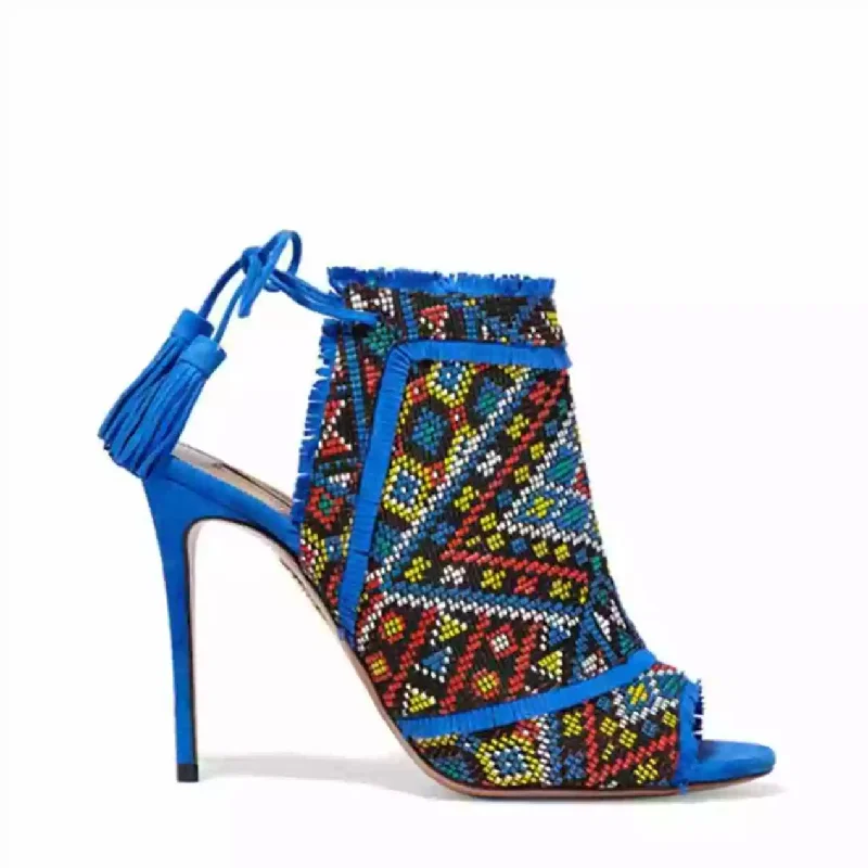 Aquazzura Colorado Embroidered Multicolor Blue Suede Peep Toe Heels Sandals 37 UK 4