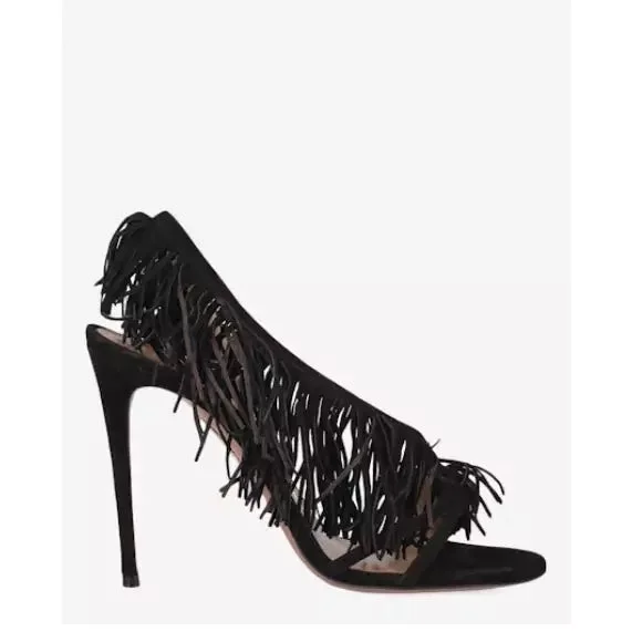 Aquazzura Wild Fringe Black Suede Heel Sandal Heels 37 UK 4