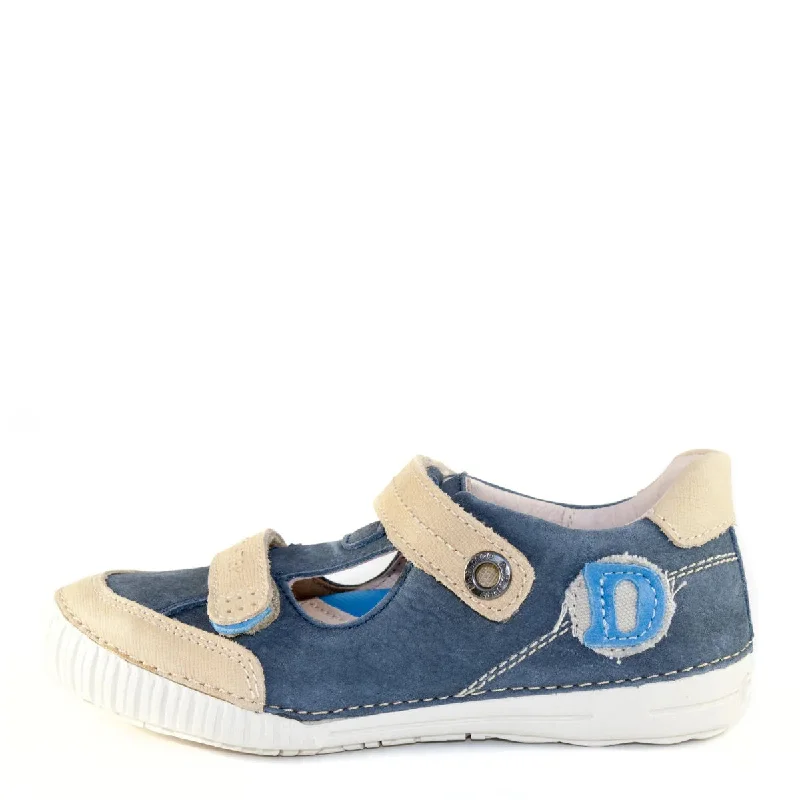 D.D. Step Little Kid Boy Double Strap Sandals/Open Shoes Blue And Beige With Letter ""D"" - Supportive Leather From Europe Kids Orthopedic