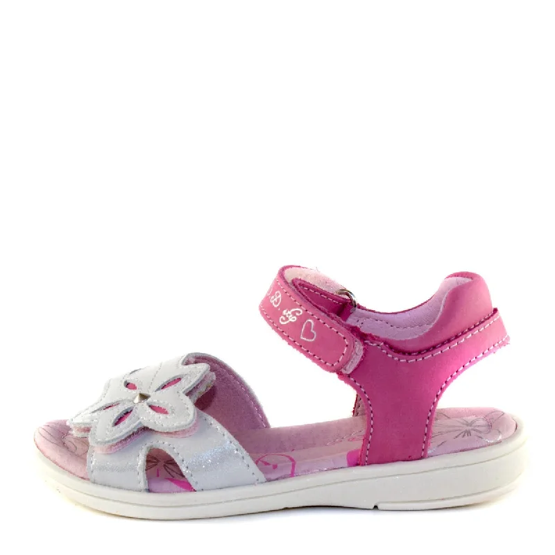 D.D. Step Little Kid Double Strap Girl Sandals Pink And Shiny White With Flower - Supportive Leather Shoes From Europe Kids Orthopedic