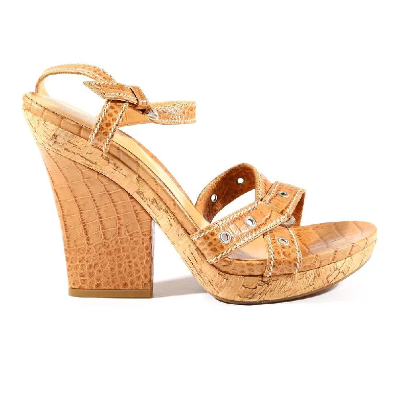 Sergio Rossi Women's Shoes Light Brown Crocodile Print / Calf-Skin Leather Sandals (SRW08)